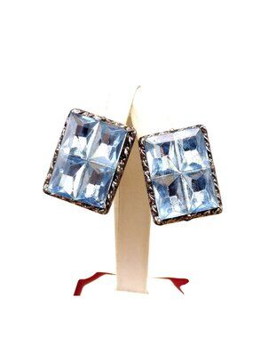 Vintage Glam Geometric Earrings, Blue Foil Backed Rhinestones Sparkle in Silver